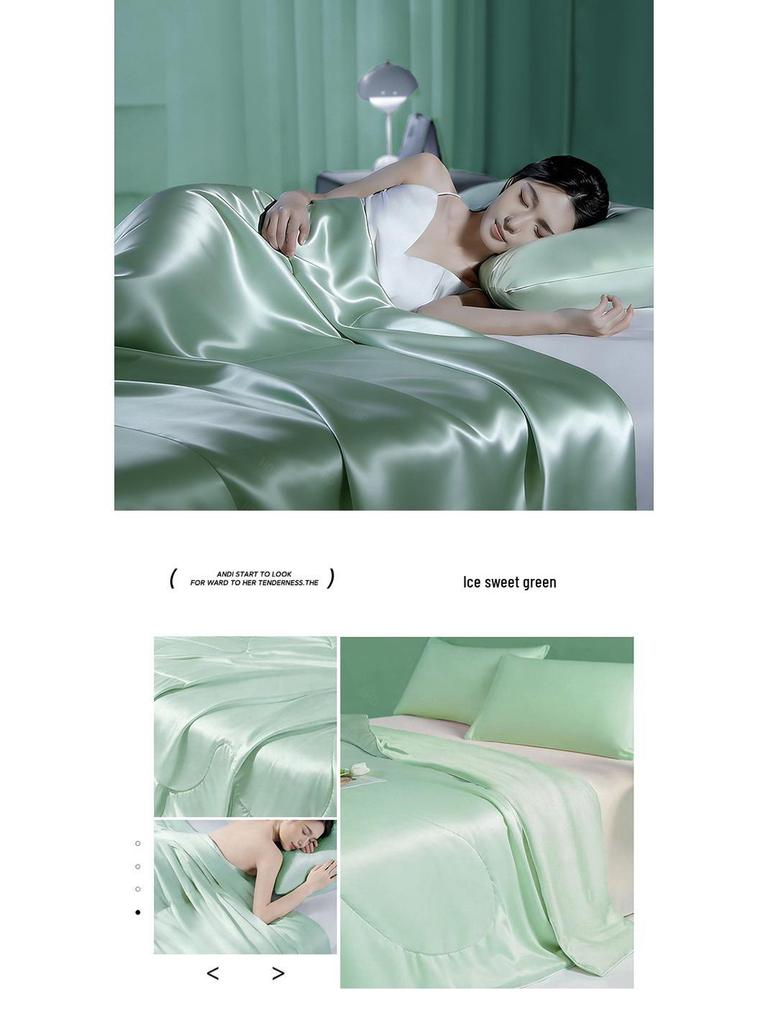 Spring/Summer Washable Ice Silk Quilt Set: Cool Summer Quilt & Thin Blanket with Cooling Fitted Sheet for Air Conditioning