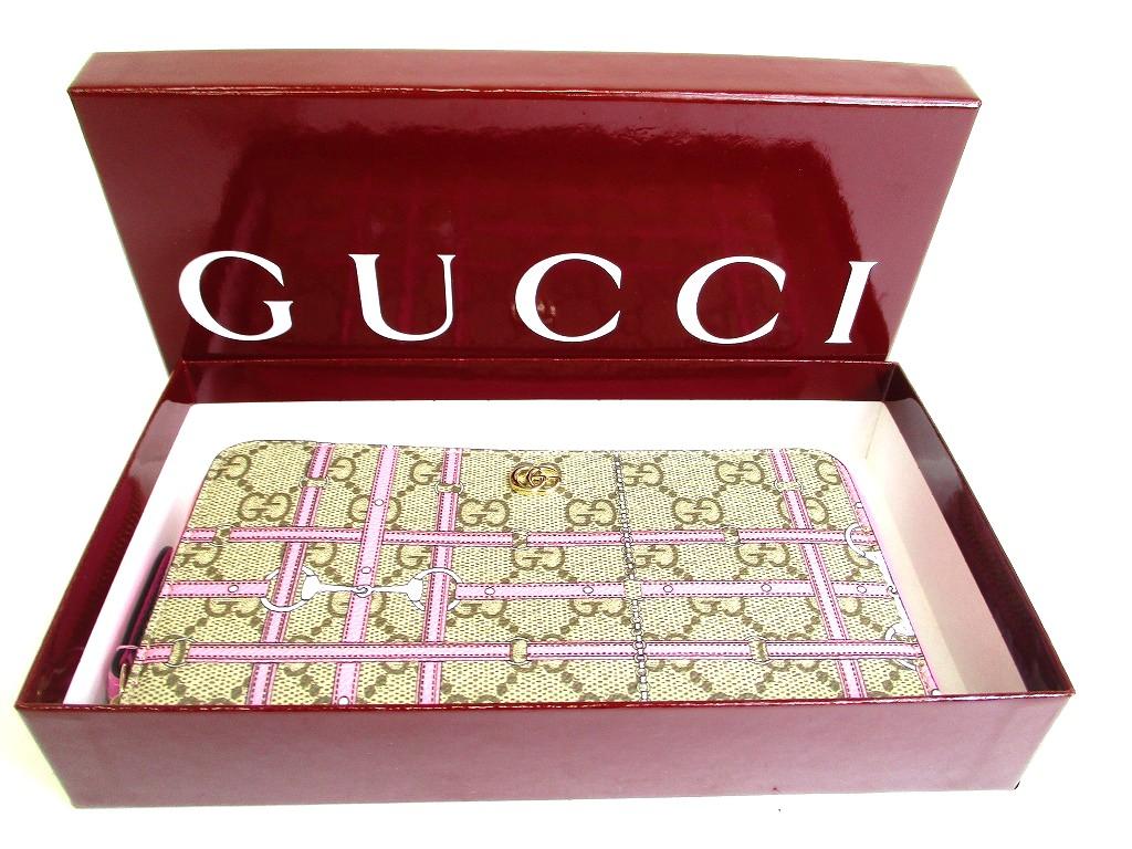 Authentische GUCCI GG-beschichtetes Canvas Rosa Leder Horsebit Rundreißverschluss Geldbörse #b301 Geöffnete Schachtel
