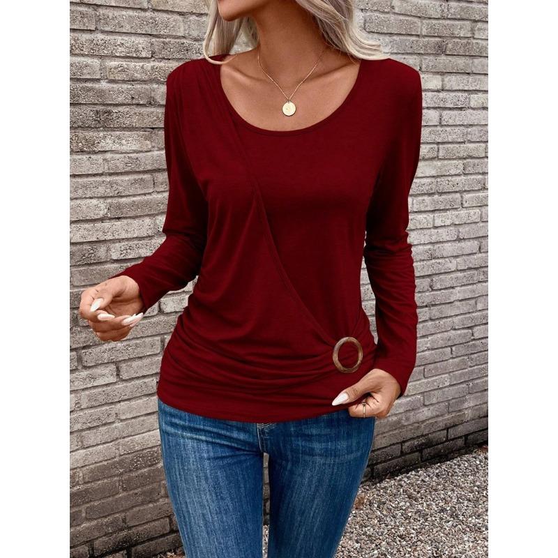 Women's Fashion Casual Spring Fall Solid Color Print Long Sleeve O-Neck Pullovers & Long Sleeves