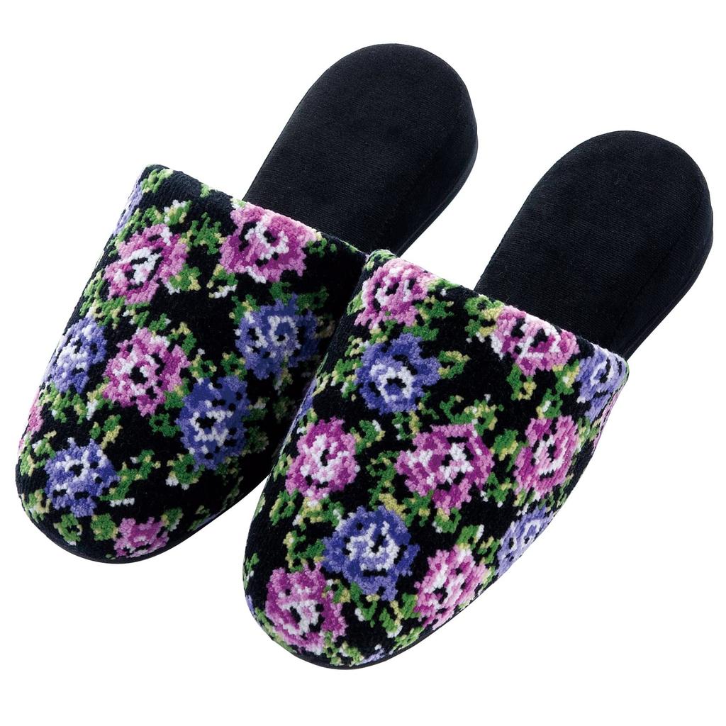 Senko FEELFOOT Garten Glazed Rose 27568 Slippers, Approx. 23.5cm - 25cm, Black, Weave, Design,