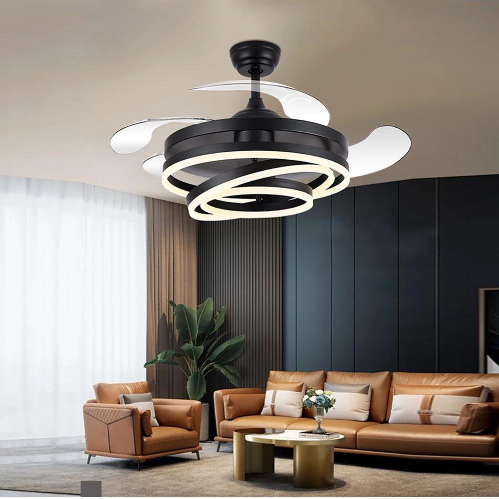 Modern Living Room Ceiling Fan with Lights Intelligent Ceiling Fan Retractable Blades LED Light Remote Dimming Home Decoration