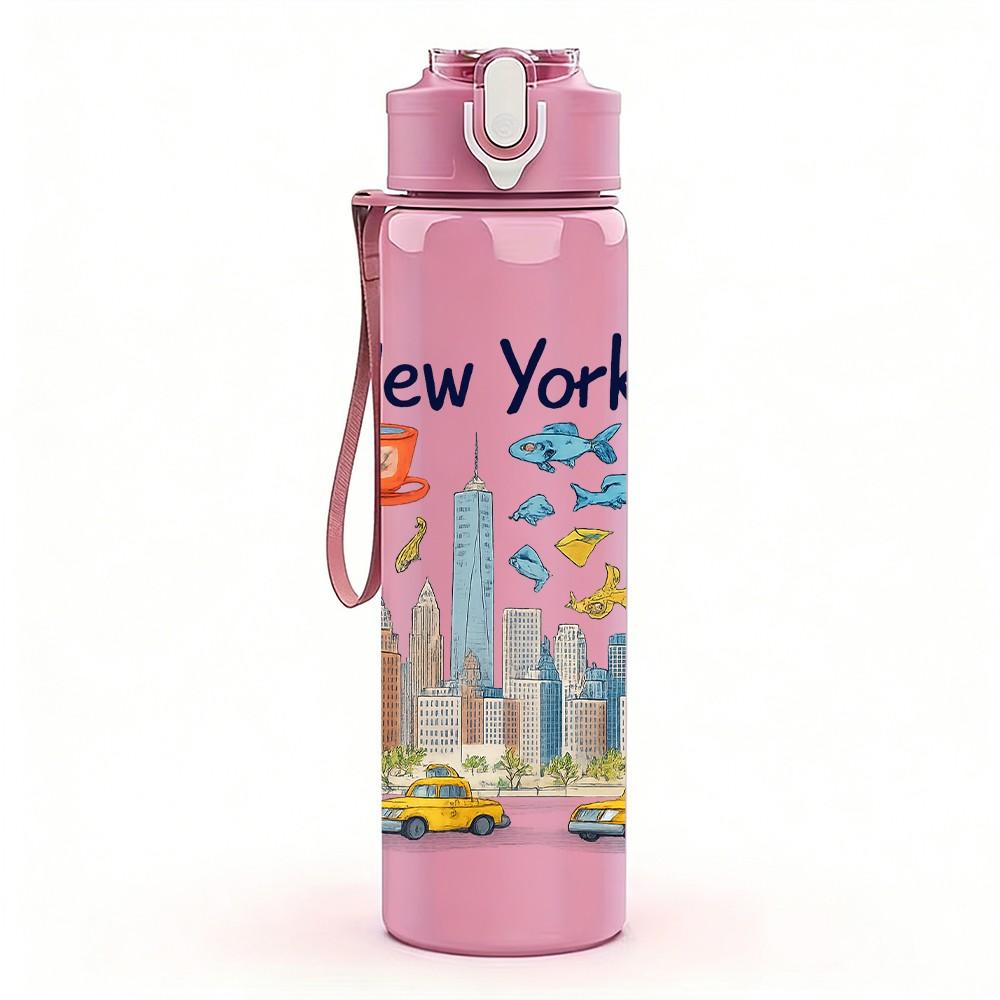 1PC New York Sun Cityscape Art 750ml Color Plastic Sports Water Bottle Leakproof Flip Straw Lid Suitable for Sports Office Home Use