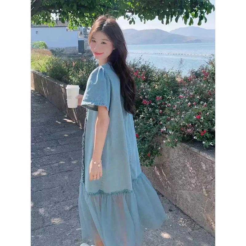 2026 Spring Sweet Lace Short-Sleeve Dress with Denim Maxi Skirt