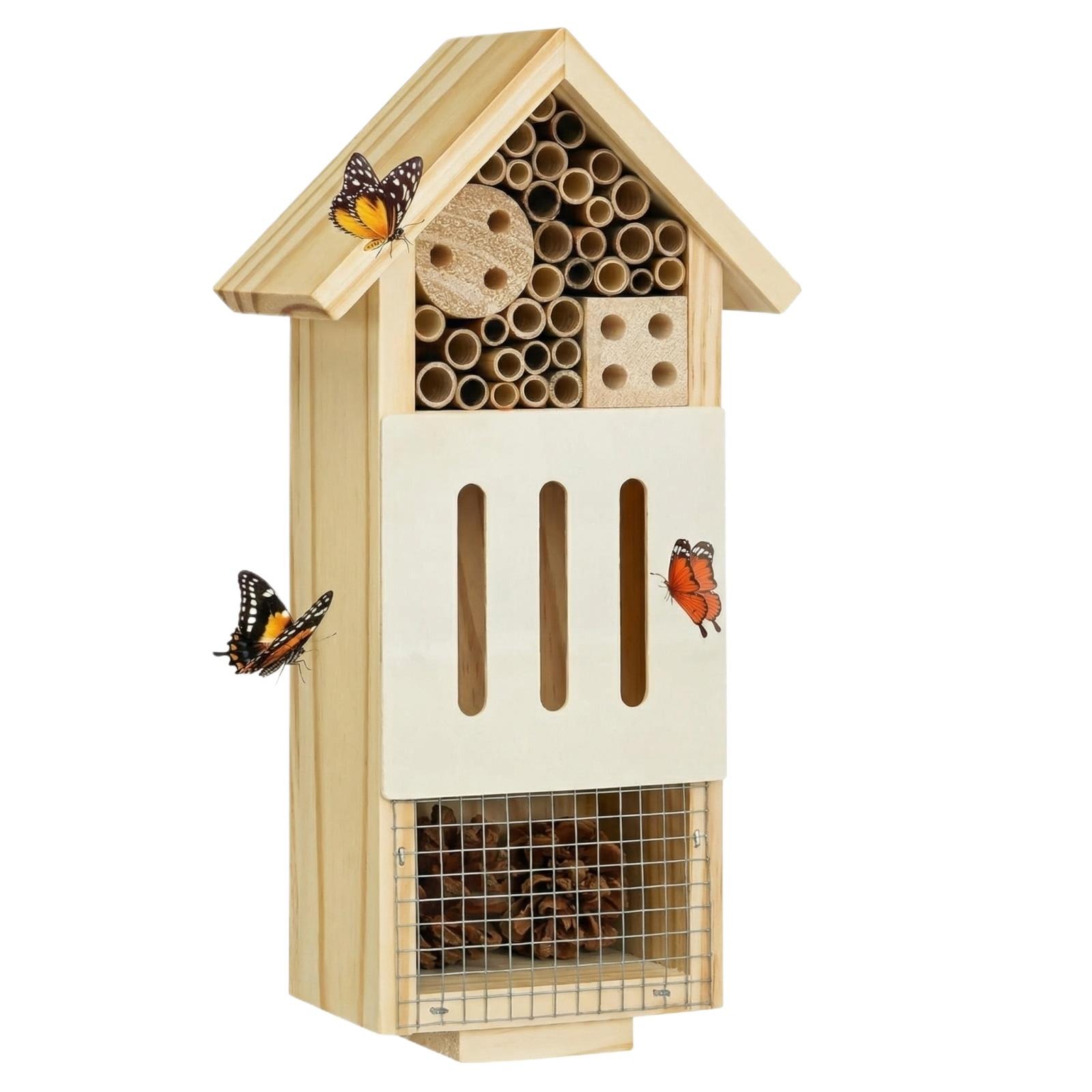 Bee House Hotel & Butterfly House With Stake, Handcrafted Wooden Hotel, Natural Insect Habitat For Garden, Patio, Or Yard, Attracts Pollinators, чёрный