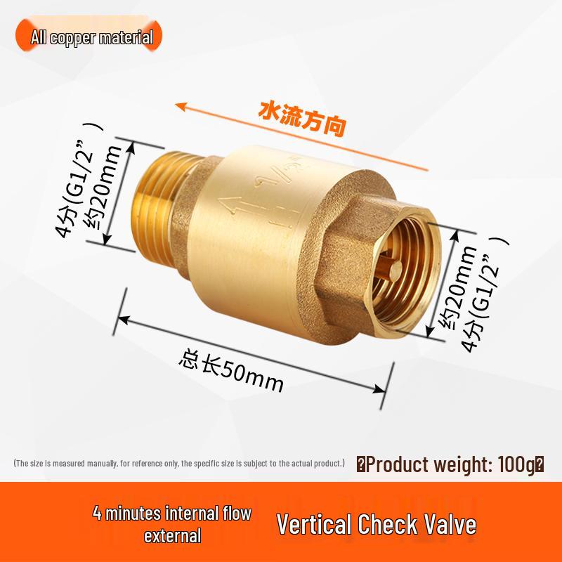 All-Copper 1-Inch Vertical Spring Check Valve with Male/Female Threads, One-Way Backflow Preventer for Water Pipes and Meters.