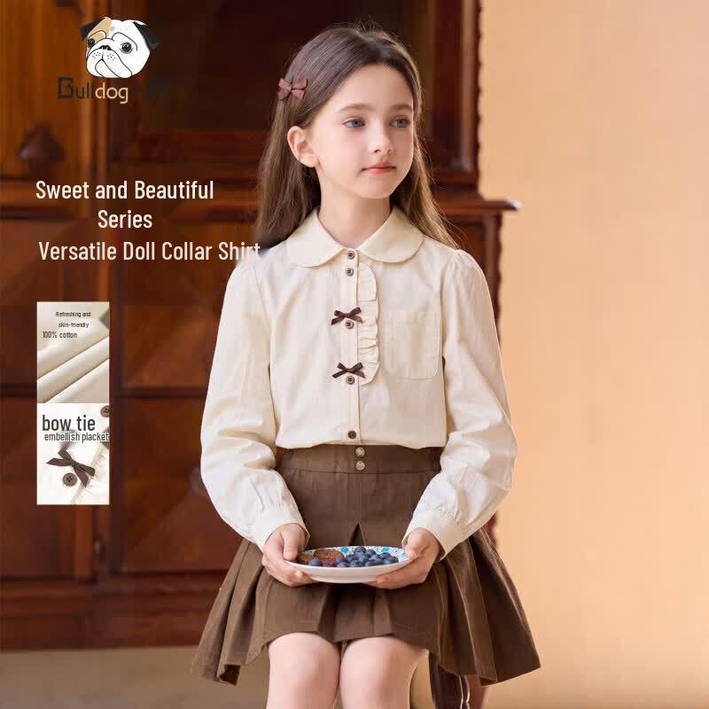 Chanzuigou Girls' Beige Ruffled Long-Sleeve Cotton Shirt