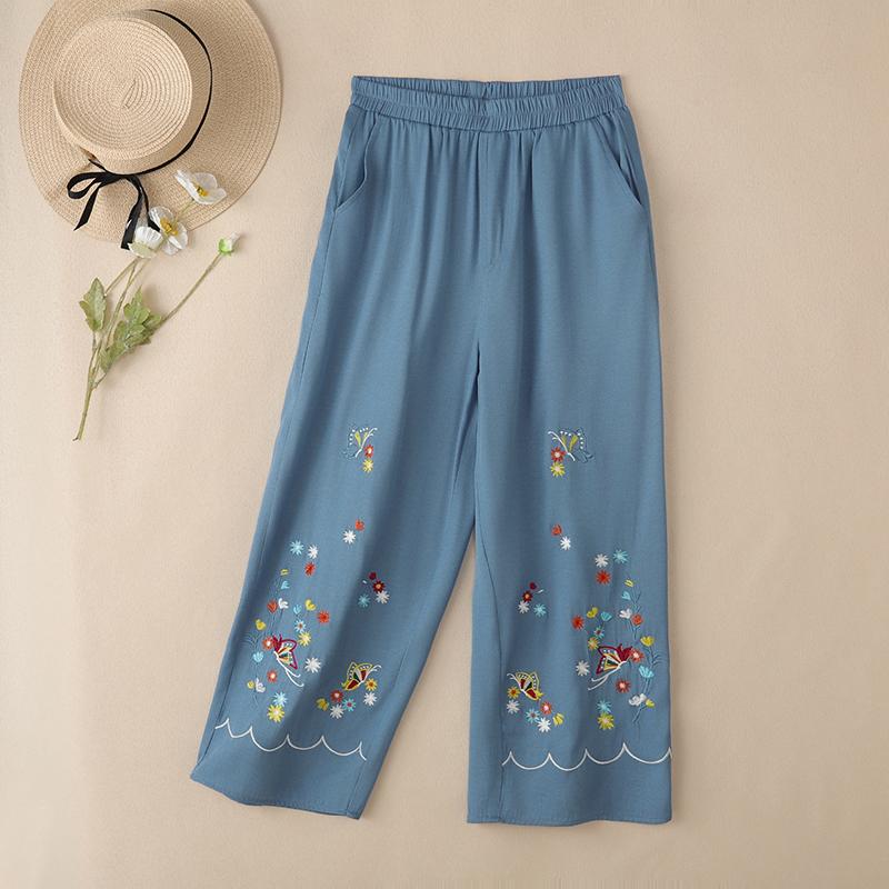 ZANZEA Women Casual Elastic Waist Loose Floral Embroidery Cropped Pants