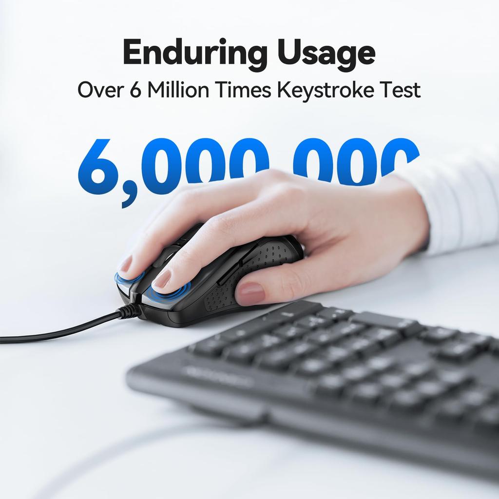 TeckNet Wired USB Mouse, Optical, 6 Buttons (with Back and Forward Buttons), 10002000 DPI High Precision, Compatible with Windows 11, 10, 8, 7, 2000,