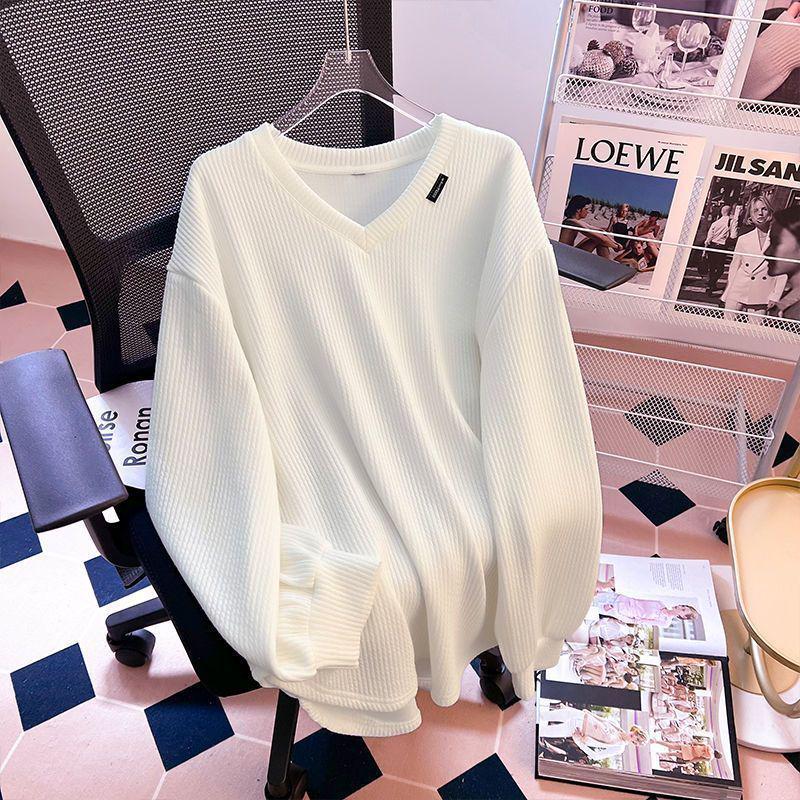 

Plus Size Chic V-Neck Ribbed T-Shirt: Slimming, Long-Sleeved, Versatile, and Warm for 2025 Autumn/Winter Women s Fashion 2XL белый