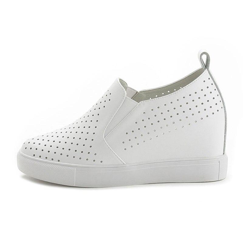 100% Genuine Leather Shoes Women Sneakers Woman Height Increasing Shoes Summer Holes Flat Platform White Shoes