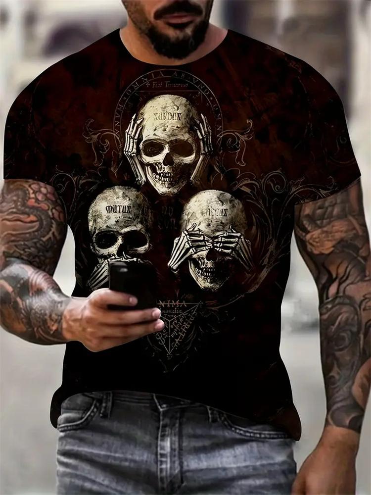 Men's 3D Horror Skull Print T Shirt Casual Comfortable Round Neck Short Sleeve Tee Pullover T-shirt Top Street Fashion Clothing