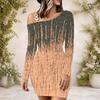 Women Plus Size One Shoulder Long Sleeve Printed Blue Pink White Bodycon Mini Dress