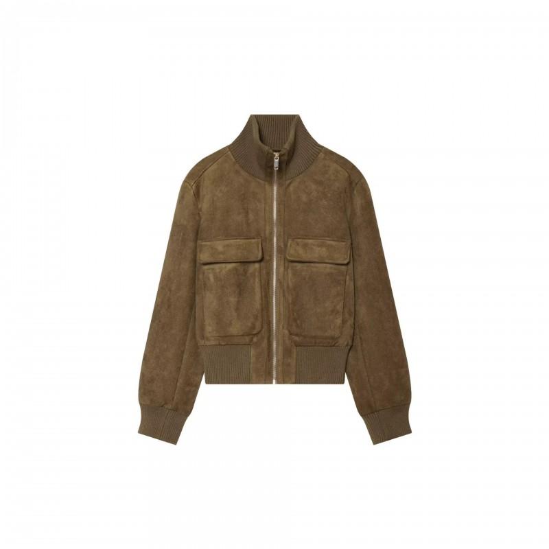 Womens Faux Suede Bomber Jacket Solid Color Casual Stand Collar Zip Up Outerwear