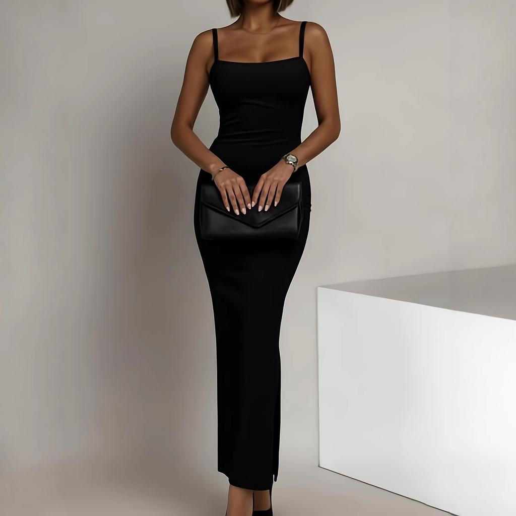 Elegant Solid Color Suspender Square Neck Dress for Women, Slim-fitting Hip-wrapped Side Split Dress, Sexy and Thin Dating Party
