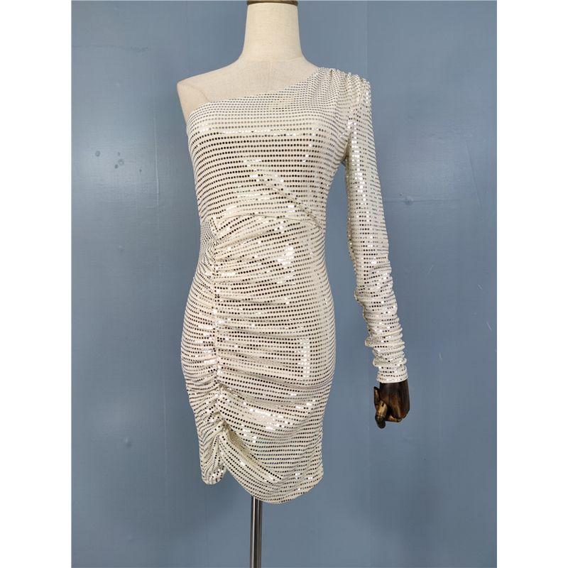 

Export F21 Spring New Arrival French Socialite Accessible Luxury Adult Lady like Woman Elegant Sexy Ruffle Hip One Shoulder Dress Champagne Silver S