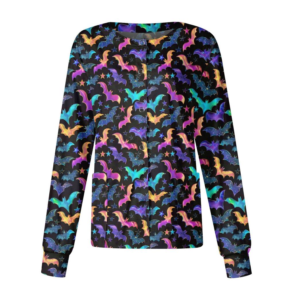 Women Long Sleeve Pattern Pocket Working Stand-up Collar Single-breasted Protective Overalls Cardigan Jacket Top
