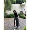 Kumikumi Design Sense Black Pleat Vest Top Women Summer Slimming Plaid Skirt Long Dress Two-piece Set