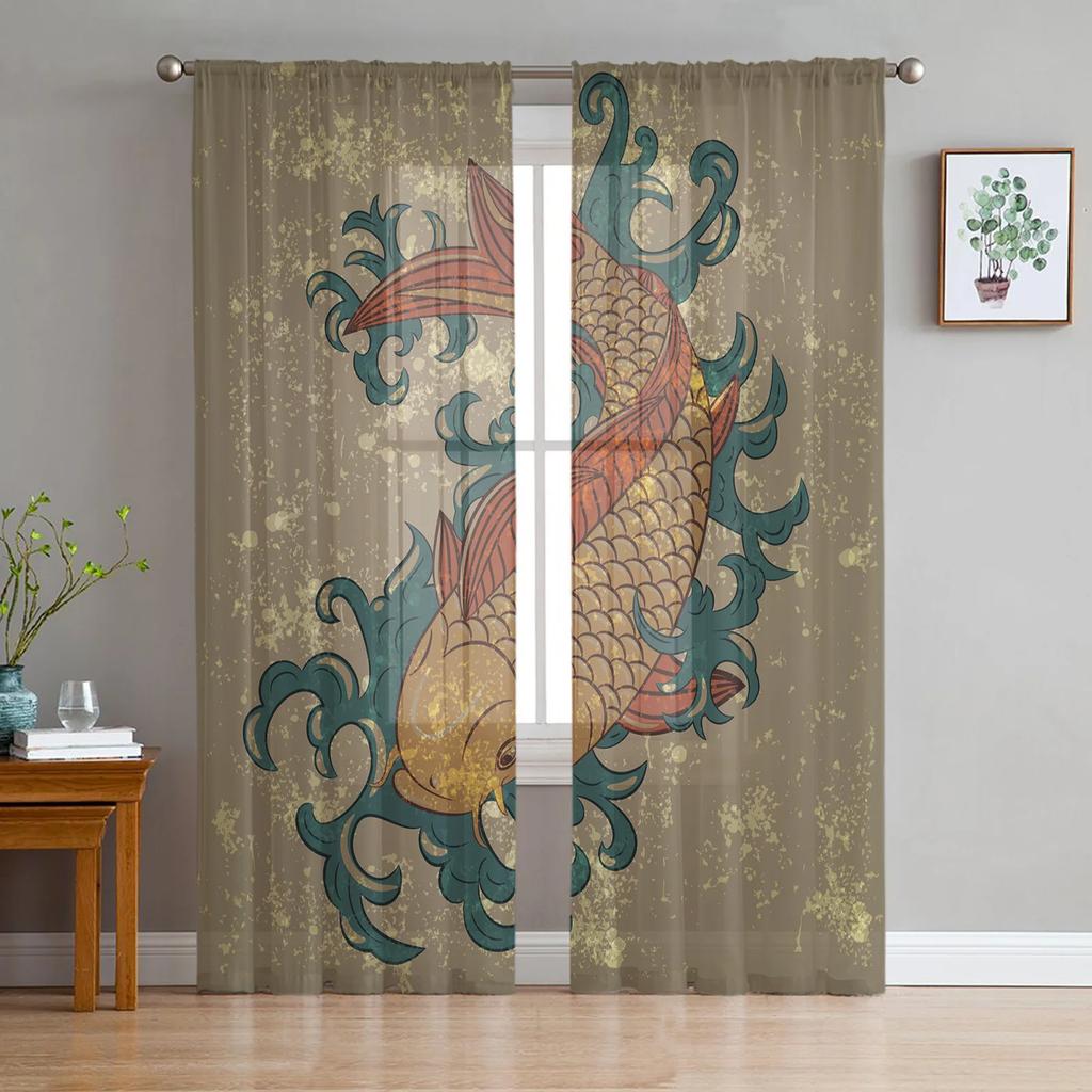 Modern Polyester Carp Chinese Style Toyo Tulle Curtains Living Room Bedroom Voile Drapes Printed Design Light Filtering Made Of Area Decor