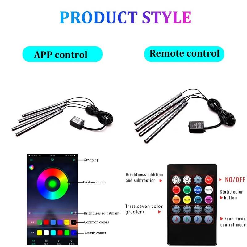 4Pcs APP Car LED Strip Lamp Foot Floor Decoration Bulb RGB Interior Atmosphere Light Auto USB Wireless Remote Music Control