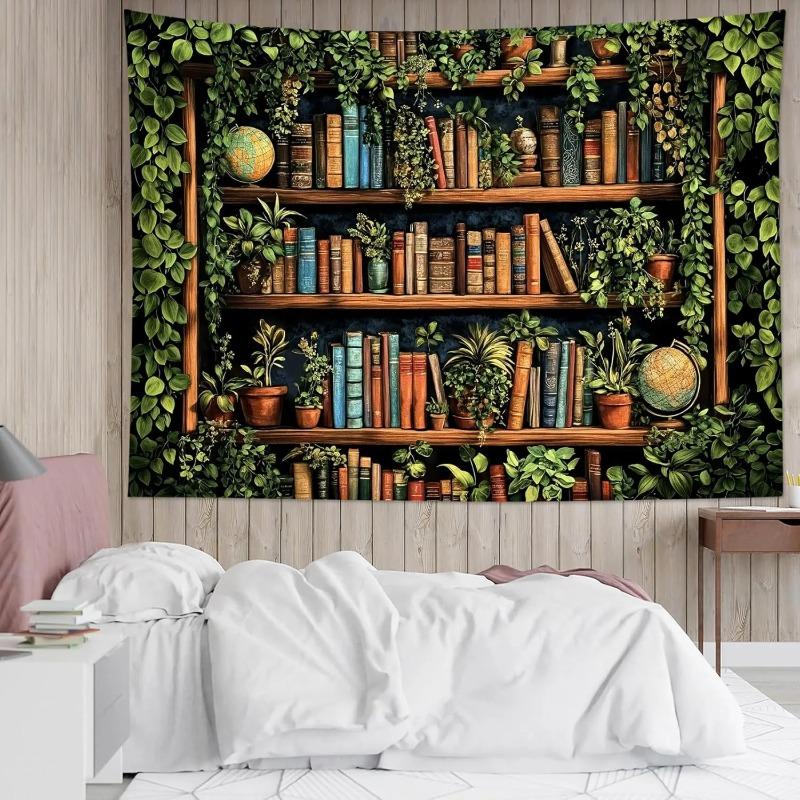 1pc Retro Library Tapestry Multiple Sizes 2D Print Vintage Book Green Plant Design Polyester Fiber Classroom Dorm Decor Scholar