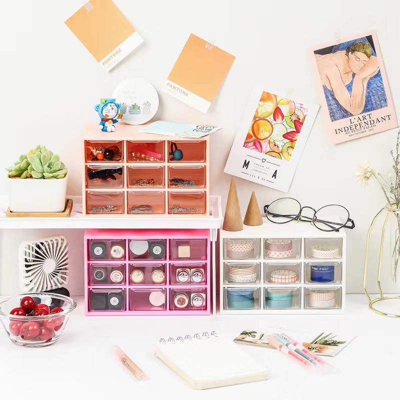 Cartoon Nine-Grid Dustproof Storage Box: Drawer-Type Organizer for Stationery & Jewelry