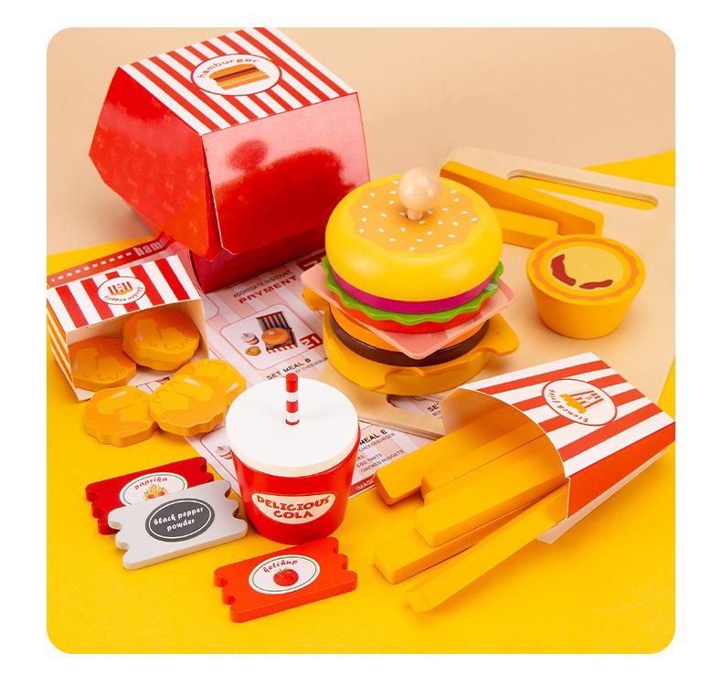 Wooden Hamburger & French Fries Pretend Play Set – Toy Kitchen Gift for Kids