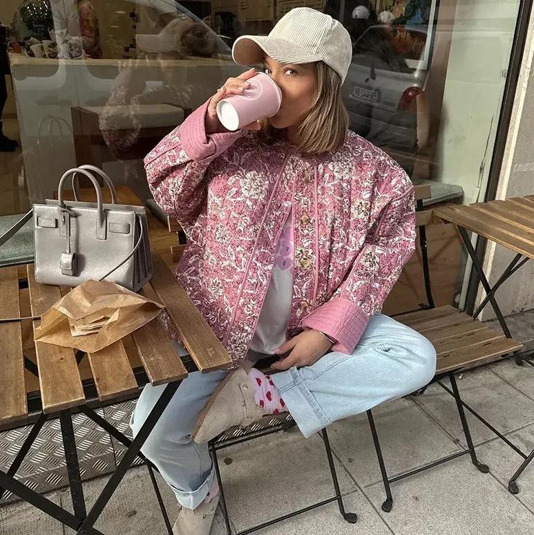 Women'S Crew Neck Cardigan Flower Pattern Cotton Jacket