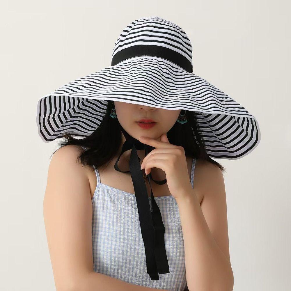 with Windproof Strap Women Striped Fisherman Hat Solid Color Wide Brim Sunshade Hat Sun Protection Foldable Sunscreen Visor Cap