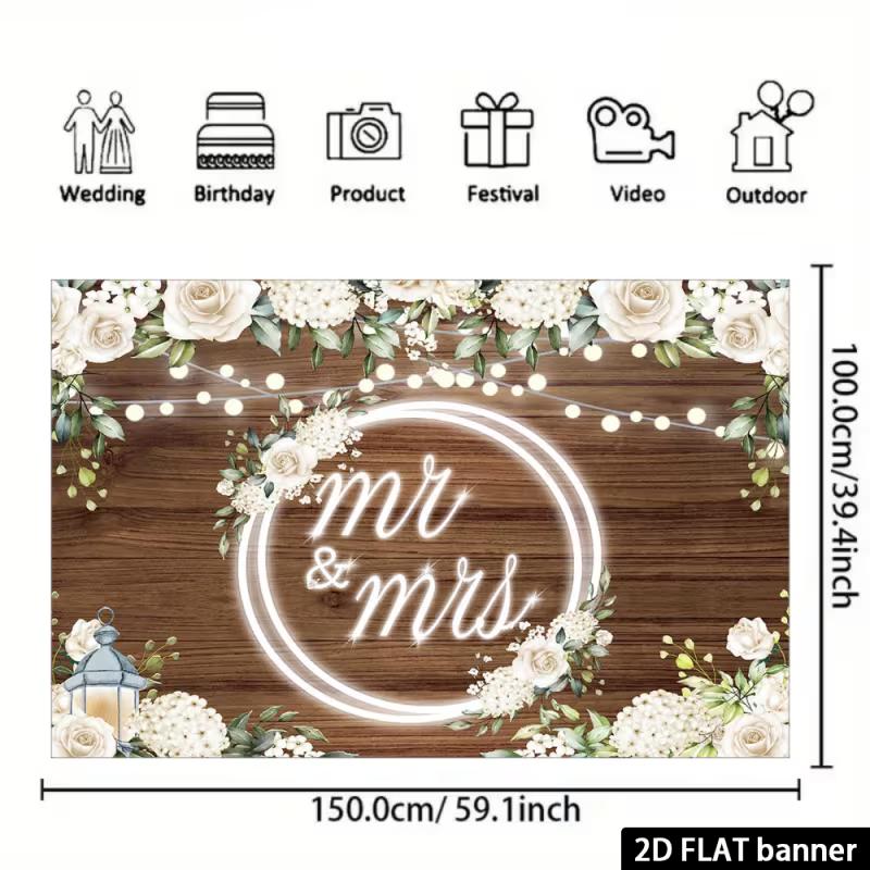 2D Mr & Mrs Wedding Banner, Rustic Wood White Floral Backdrop for Engagement & Wedding Party