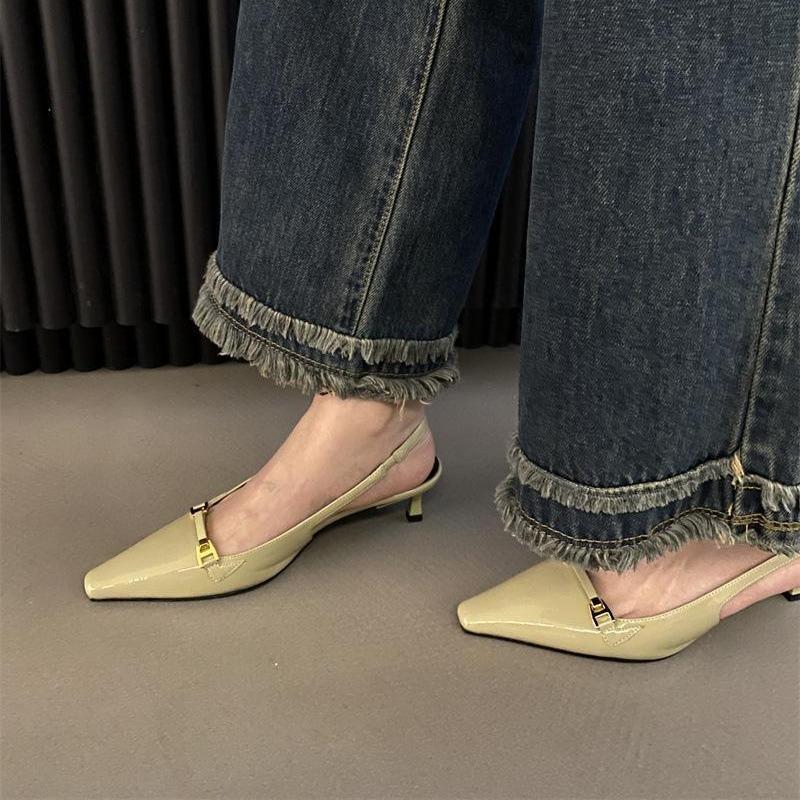 Spring 2025 new thin pointed head thin heel bag head sandals metal buckle patent leather high heel shallow mouth women's shoes
