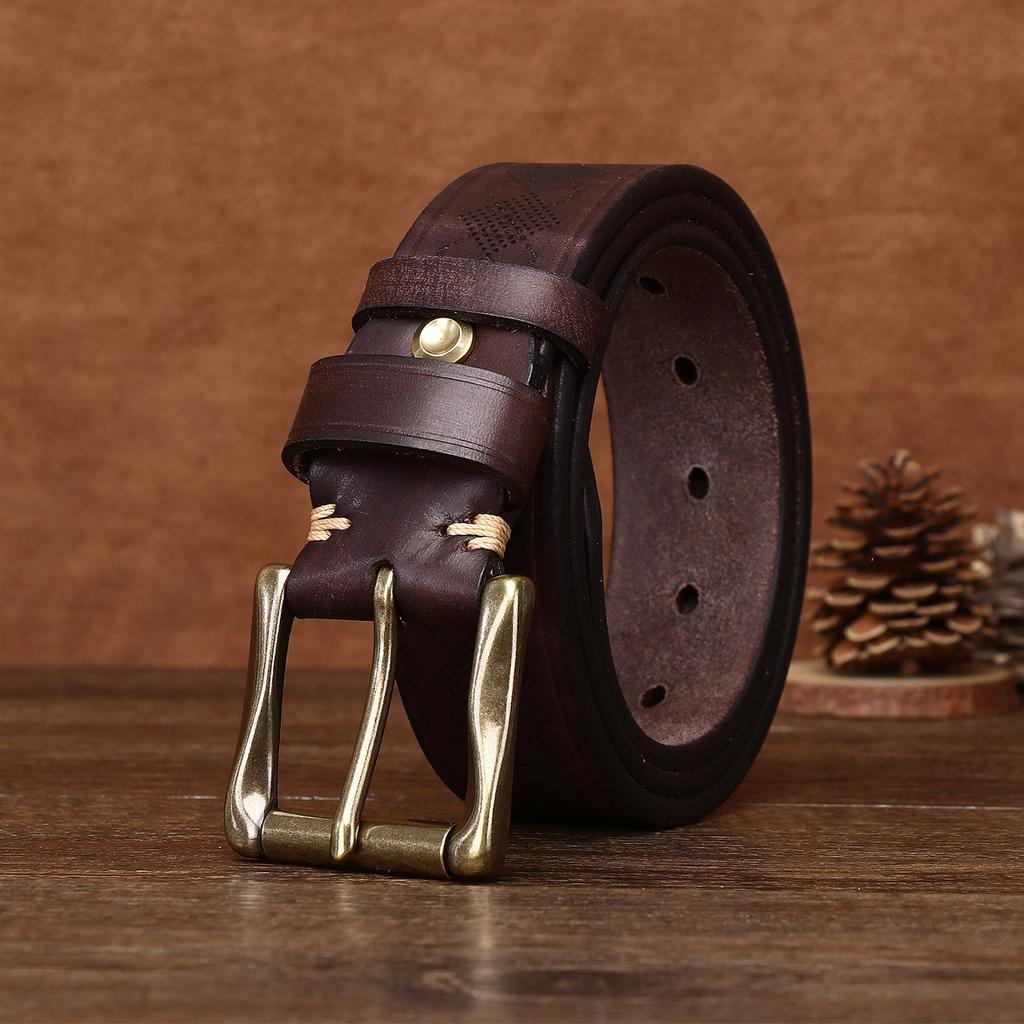 3.8CM Wide and Thick Fashionable Laser Engraved Belt for Men, Made of Aged Pure Cowhide Leather Belt