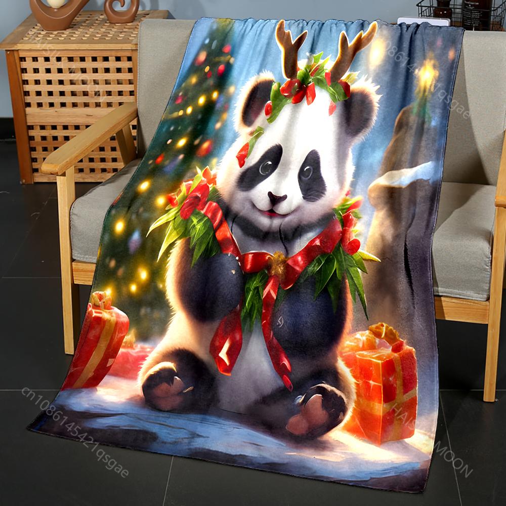 1PC Festive Panda with Christmas Decorations Pattern Blanket Flannel Material Soft Warm for All Seasons Home Outdoor Camping