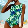 Women Plus Size High Round Neck Sleeveless Tropical Leaf Printed One Piece Swimsuit