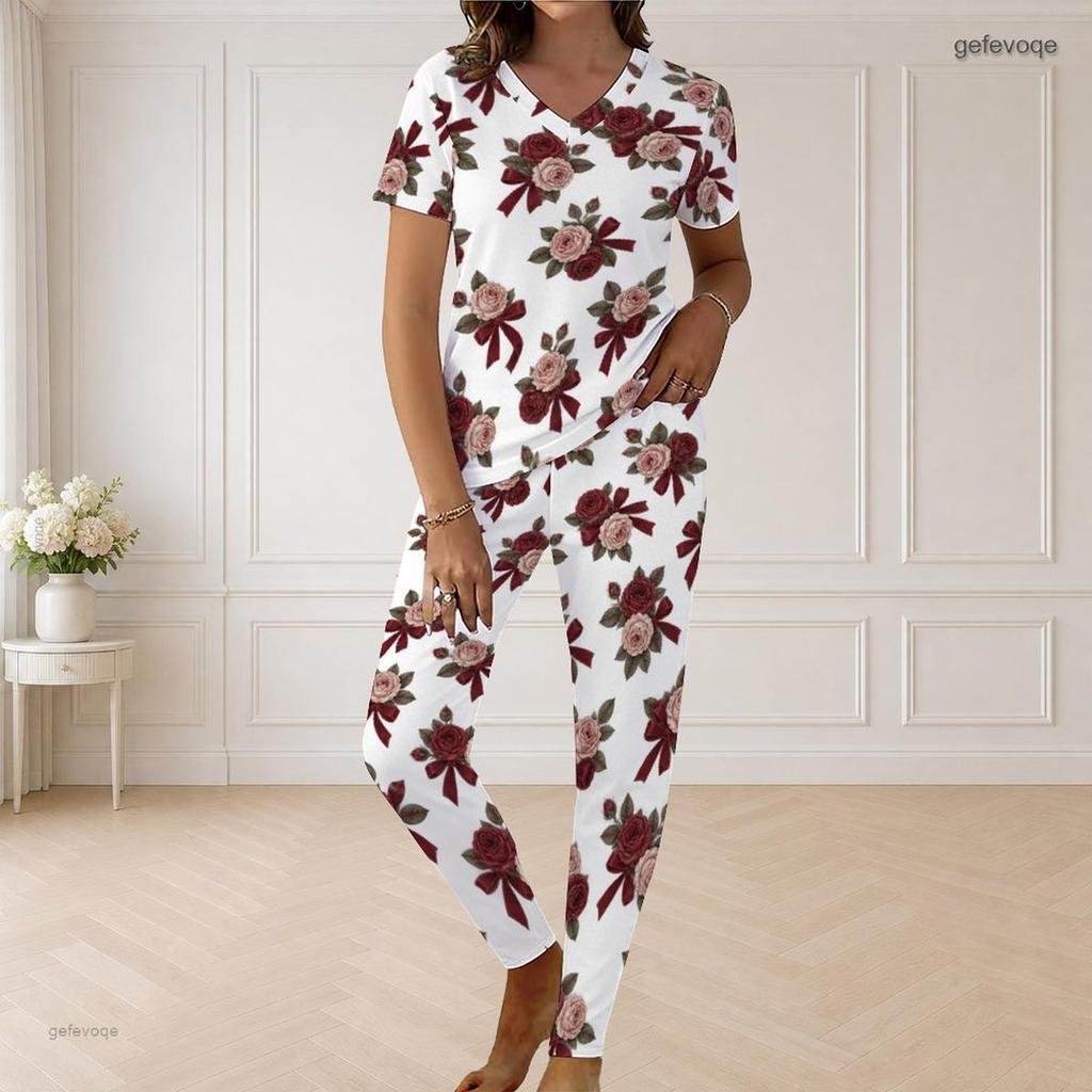 Women Plus Size V Neck Short Sleeve Rose Floral Print White Pajama Loungewear Set