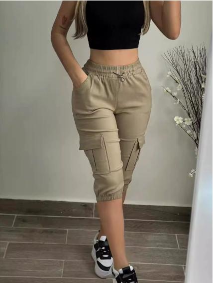 

Summer Women s Slim-Fit Capri Trousers Solid Color Casual Multiple Pocket Lace-Up High Waist Tight Leggings Capri Pants 3XL хакі