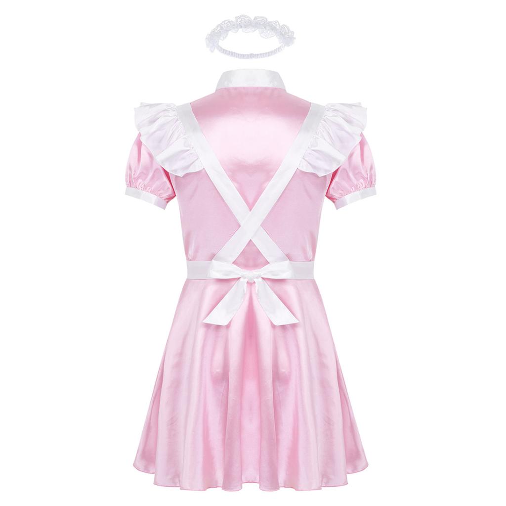 Men's Frilly Satin Flutter Sissy French Maid Dress Costume Crossdress Nightwear Pajamas