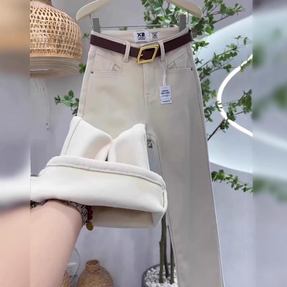 

Women s 2024 Coconut Apricot Fleece-Lined High Waist Slimming Winter Straight-Leg Pants M