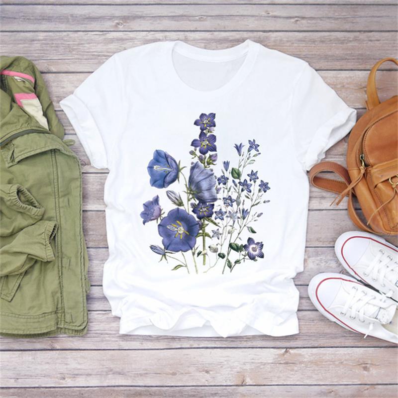 Casual Flower Graphics Women's T-Shirt 90S Summer Blouse Short Sleeves Tees Loose White O-Neck Shirts Female Tops Kpop Clothing