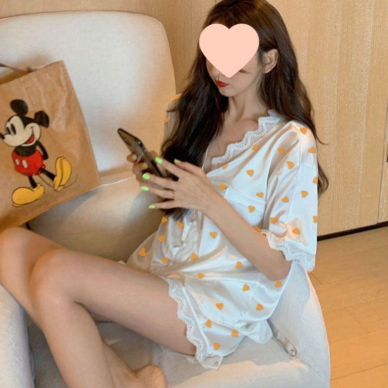 Korean Lace Collar Silky Homewear Set: Short Sleeve Top & Shorts In Solid Color for Spring/Autumn.