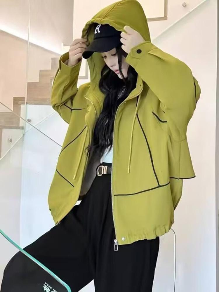 Korean Style Color Block Hooded Windbreaker for Women, 2025 Spring/Autumn, Lightweight Loose Fit Petite Jacket