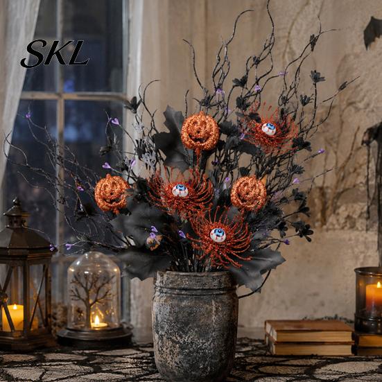 Reusable Halloween Decorations Artificial Branch with Pumpkin And Eyeball, Black Glitter Fake Twig Home Decor Maple Leaves for Gothic Vase Filler,
