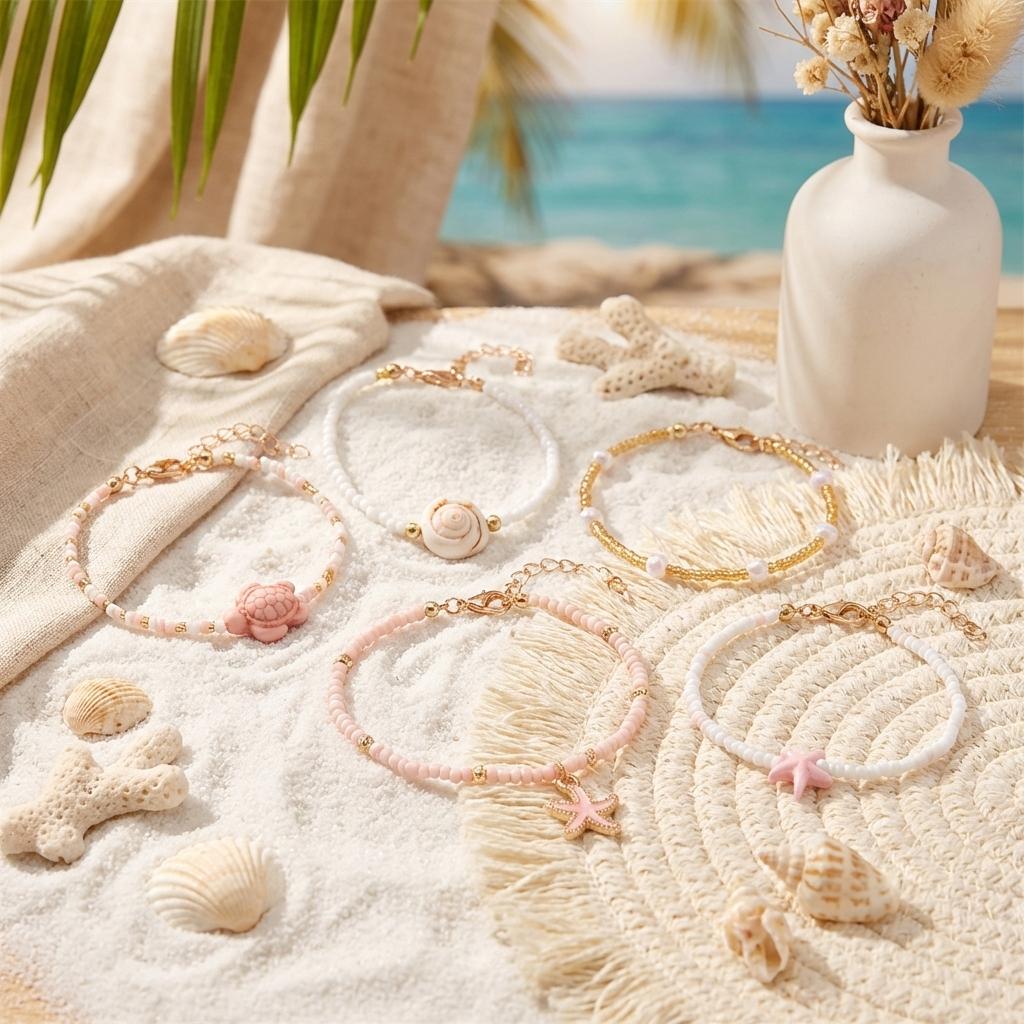 6 Pcs/Set Ceramic Sea Turtle Starfish Stacked Bracelets for Women Bohemian Pink Rice Beaded Multilayer Bracelets Party Jewelry