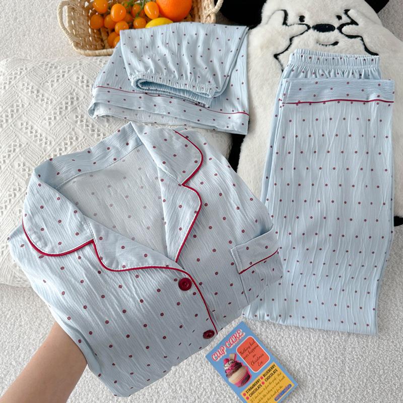 

Милая пижама для девочки в горошек из мятой ткани, женский летний комплект из трех предметов с контрастной отделкой, домашняя одежда M