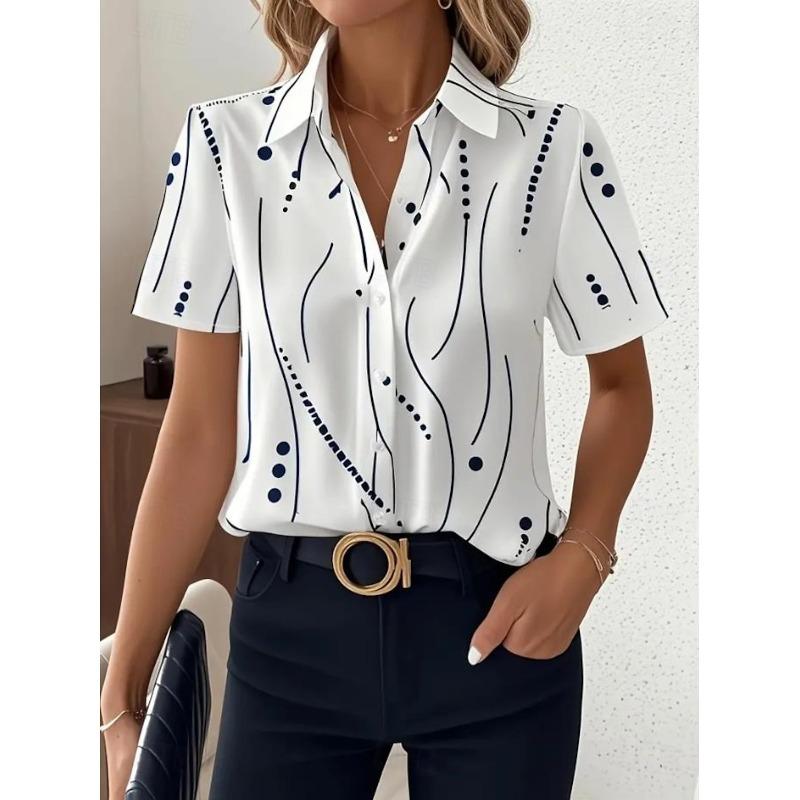 

2026 Summer Women s simple Dot Line Pattern Shirt Lapel Collar Short Sleeve Casual Button Up Shirts for Outfits Women Clothing S