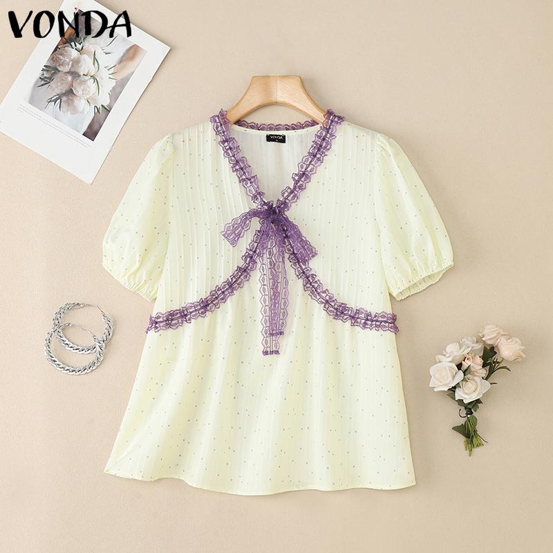 

VONDA Женская блузка с V-образным вырезом, пышными рукавами, кружевной отделкой и принтом в горошек, повседневная S фиолетовый