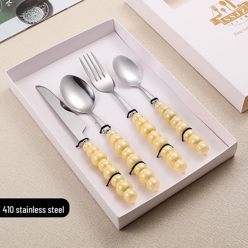 

Набор столовых приборов из нержавеющей стали 304 с креативными перламутровыми ручками: Нож для стейка, вилка и десертная ложка