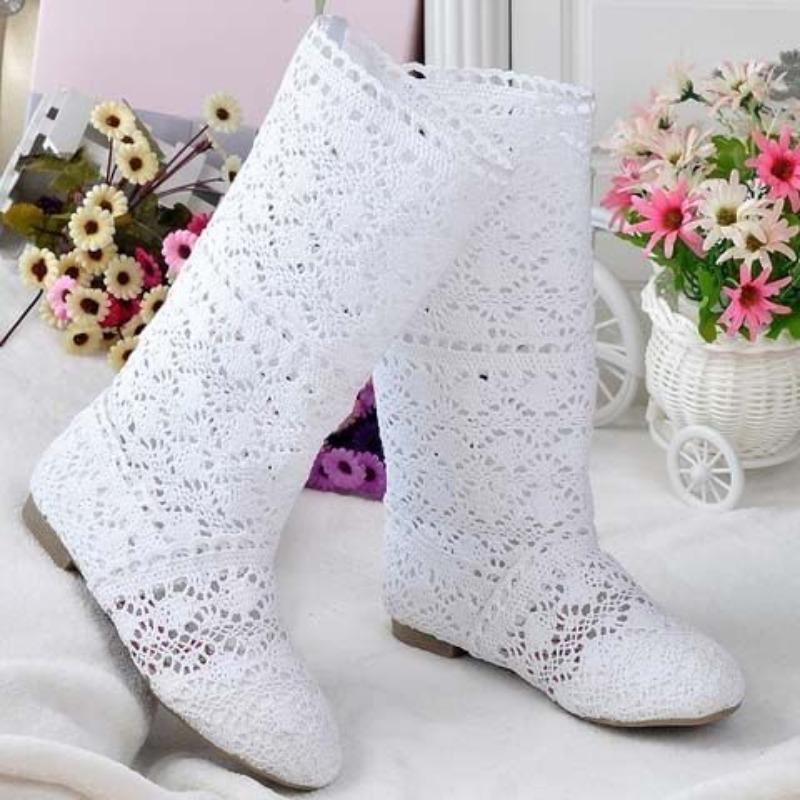Comercio exterior nuevo primavera tejido hueco botas red de botas botas altas botas Martin botas planas de una sola suela botas frescas mujer