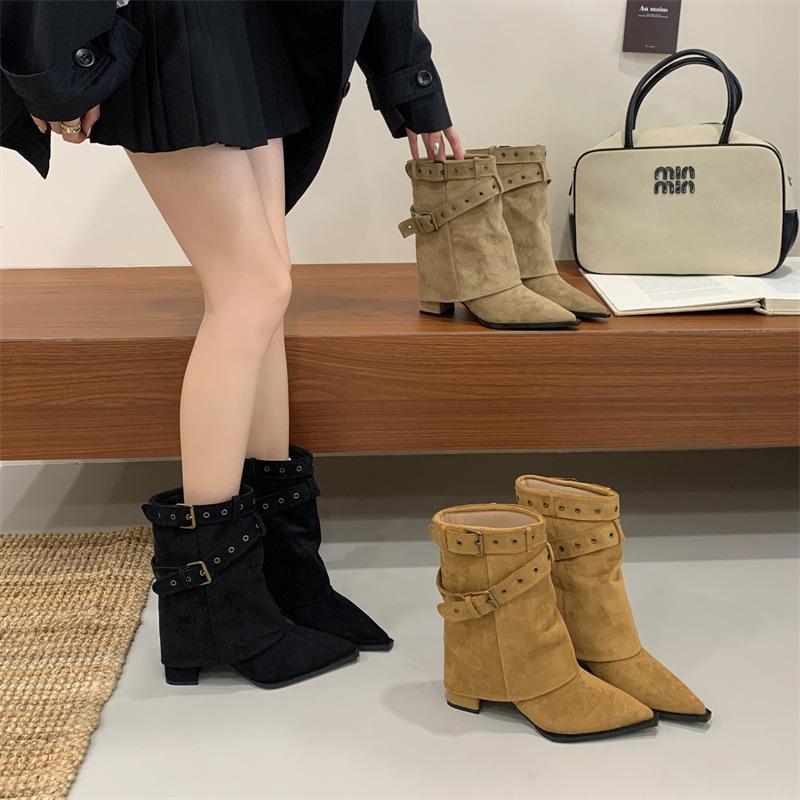 Western Cowboy Coarse Heel Pants Boots Women's 2025 Autumn and Winter New Fashion Spice Girl Medium Tube Muse Van Martin Boots