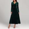 Women's Fashion Casual V-neck Velvet A-line Dress With Elegant Long Sleeves, Solid Color