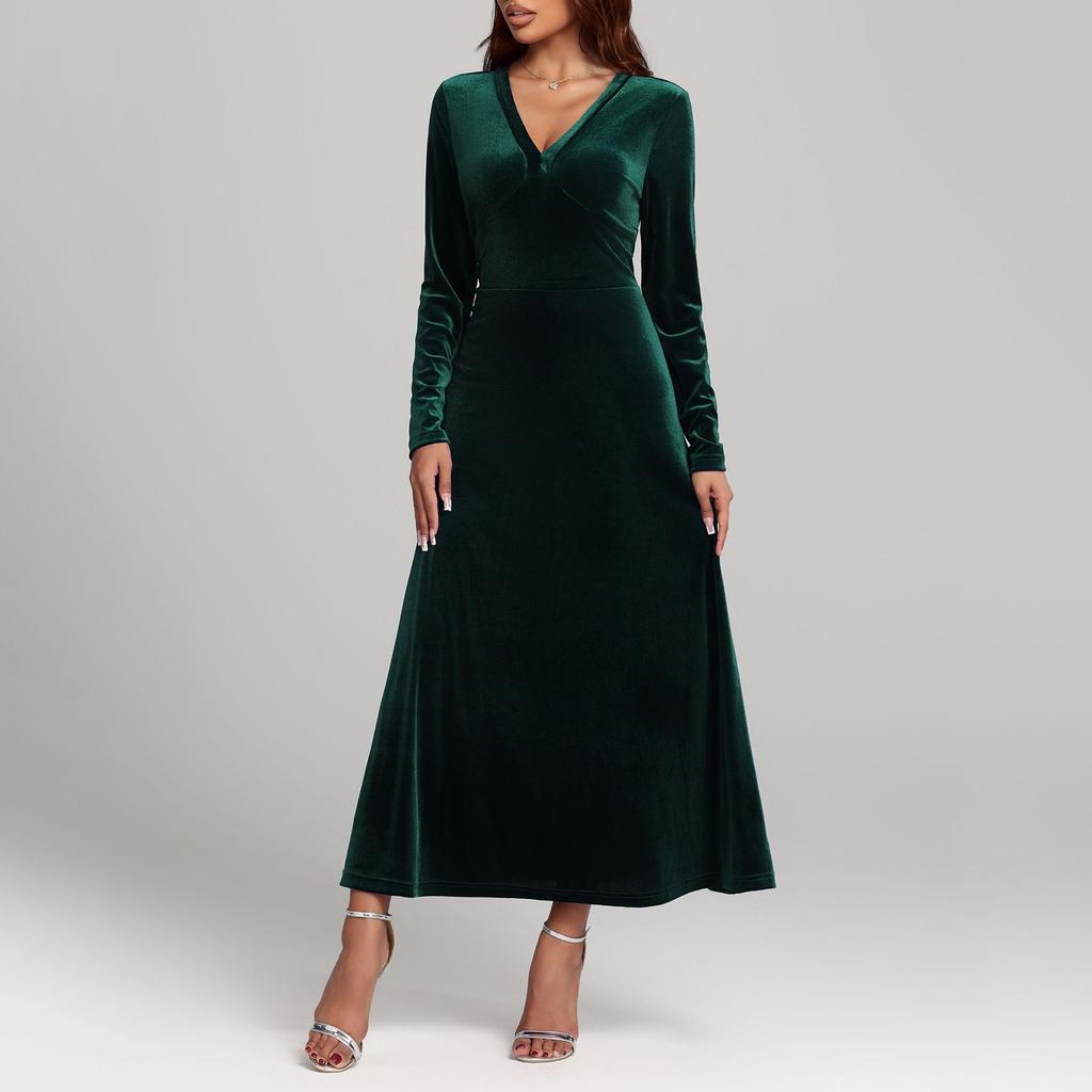 Women's Fashion Casual V-neck Velvet A-line Dress With Elegant Long Sleeves, Solid Color